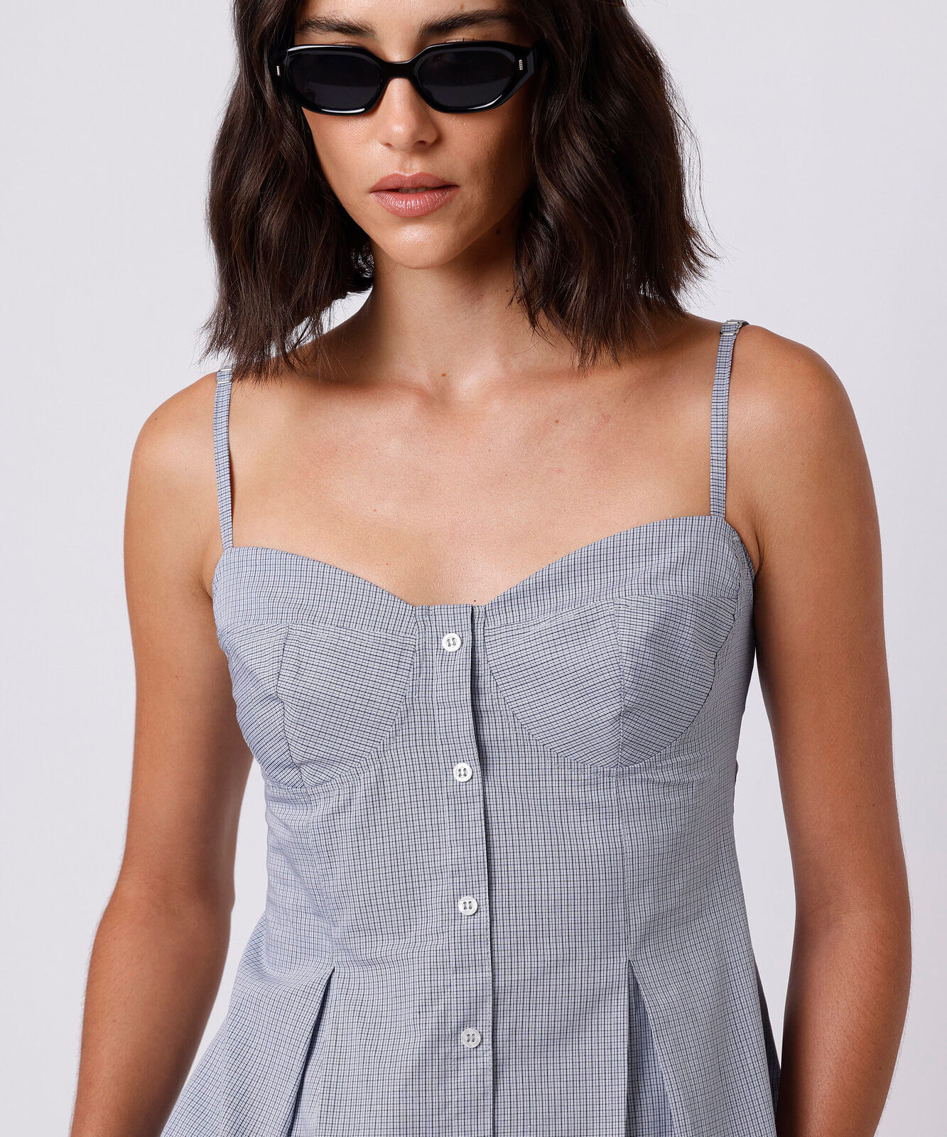 blusa peplum feminina de algodão alça fina xadrez mindset azul
