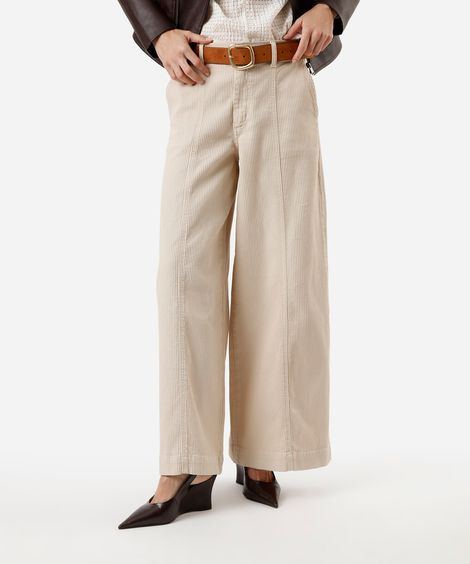 calça wide leg feminina de veludo cotelê cintura média  bege