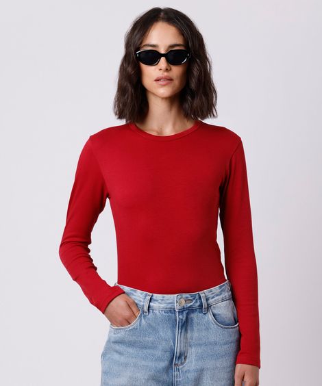 camiseta slim feminina de algodão peruano manga longa mindset vermelha