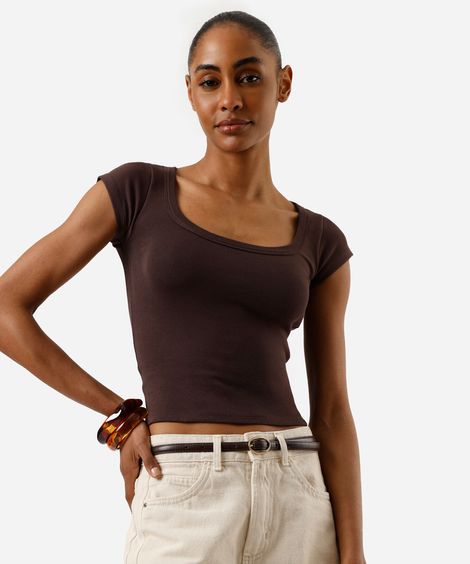 blusa baby look feminina de algodão canelada básica marrom