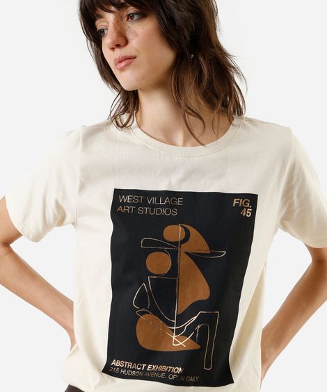 camiseta feminina de algodão estampada bege