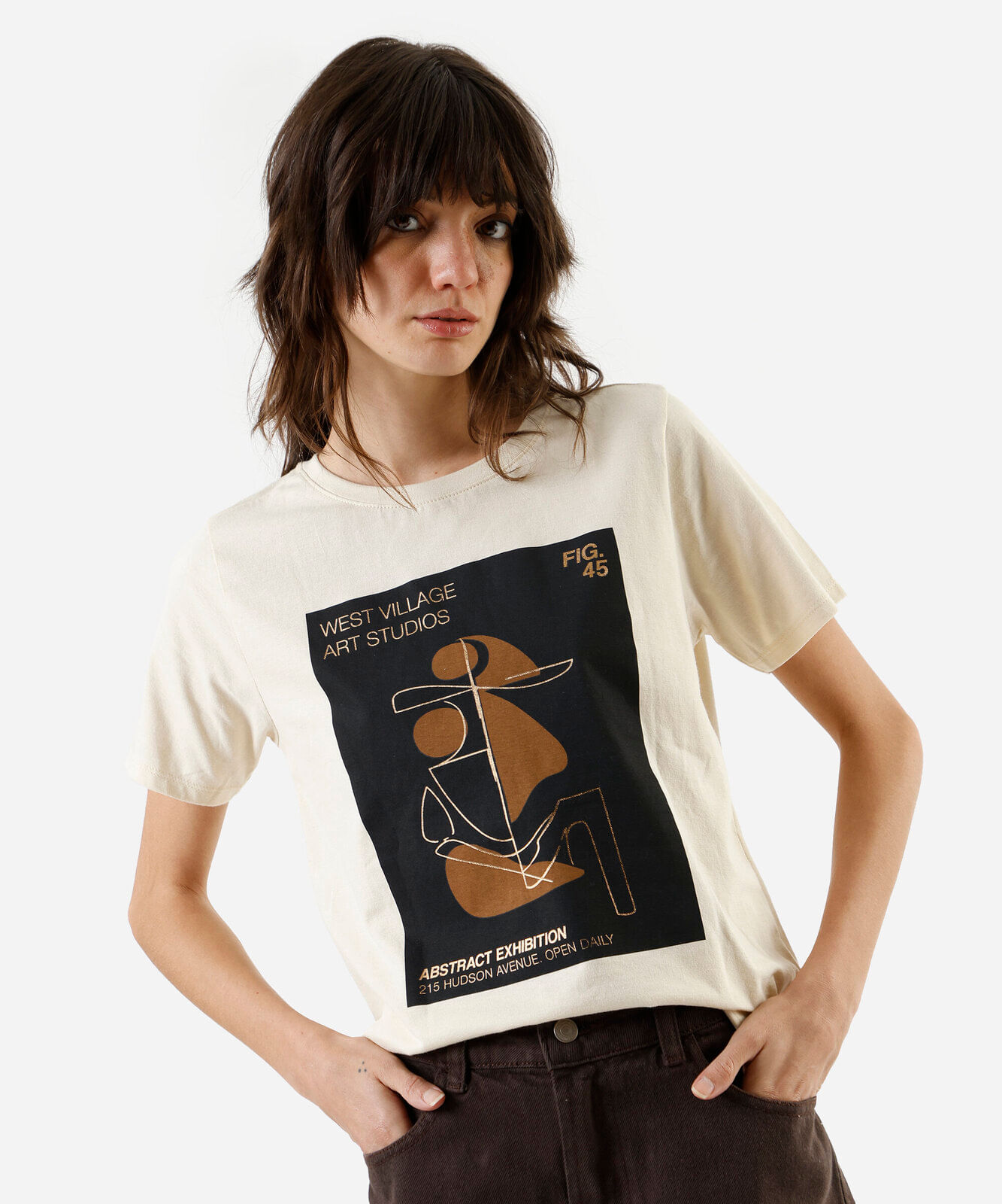 camiseta feminina de algodão estampada bege