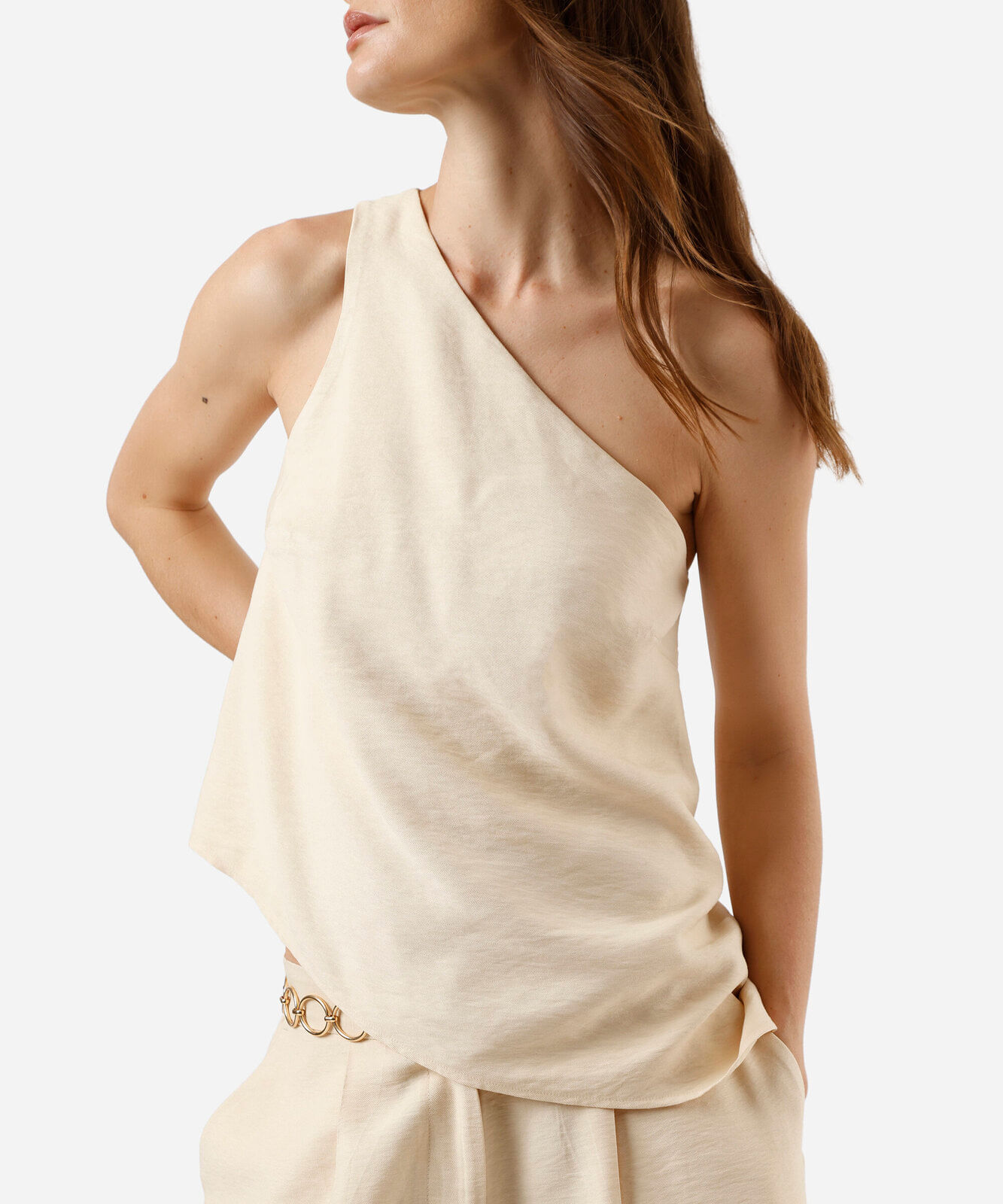 blusa ombro único feminina com viscose assimétrica amarela