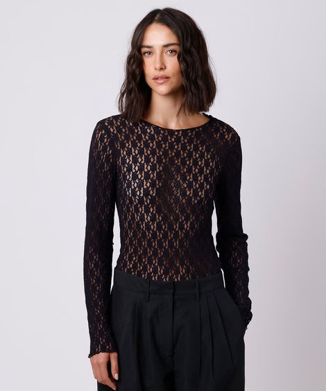 blusa feminina de renda floral mindset preta