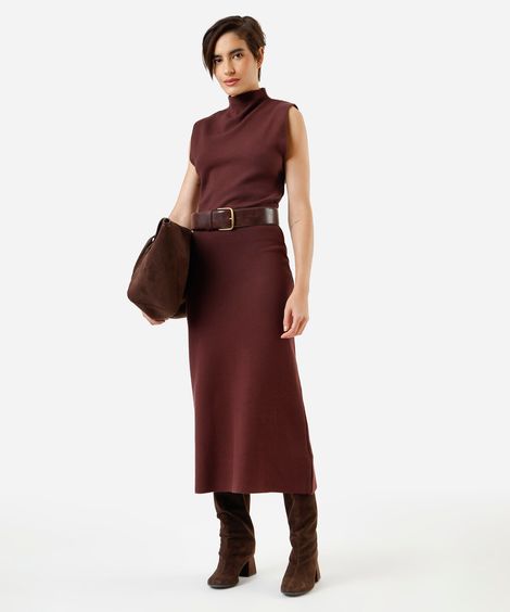 saia midi de tricot canelada marrom