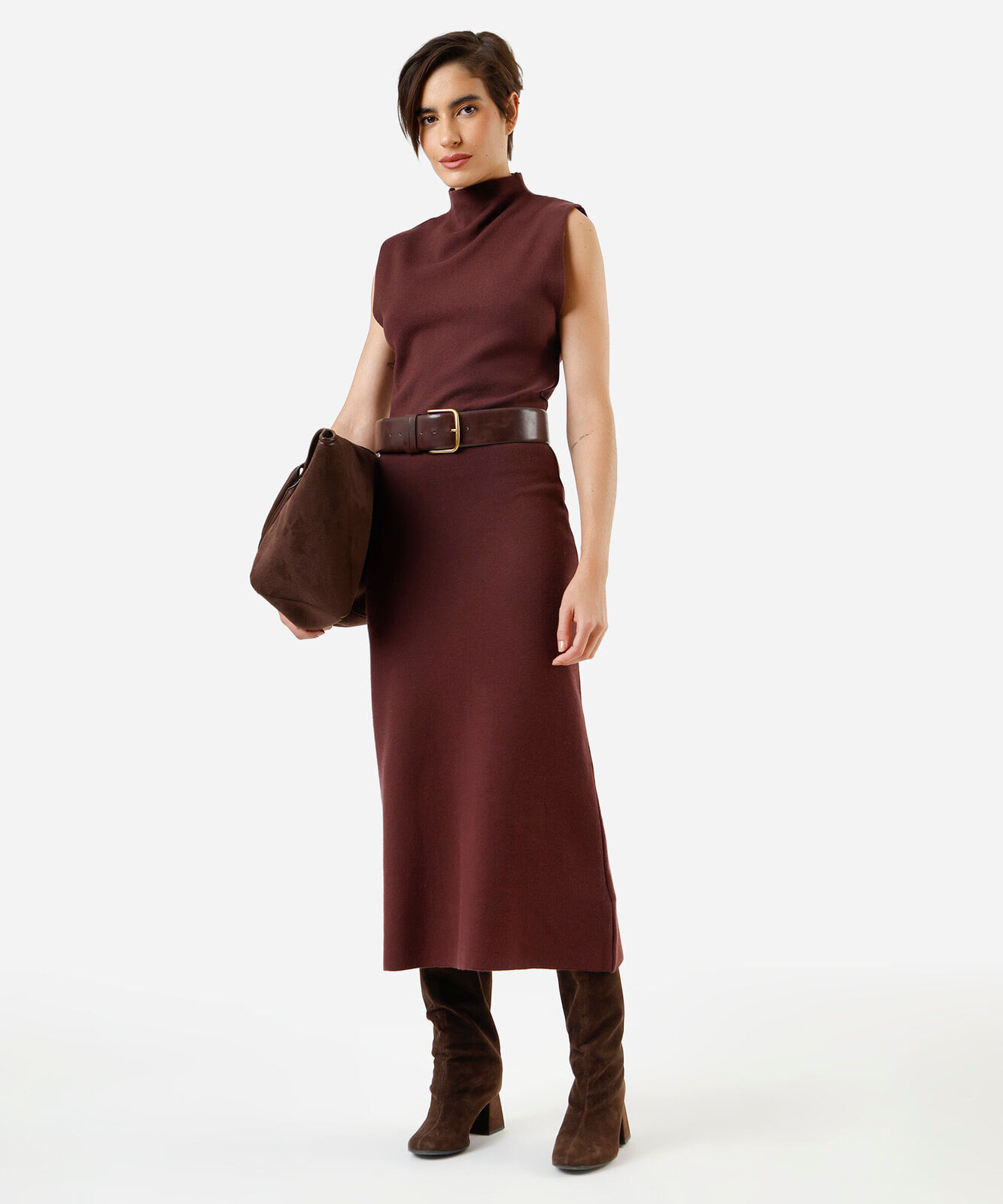 saia midi de tricot canelada marrom