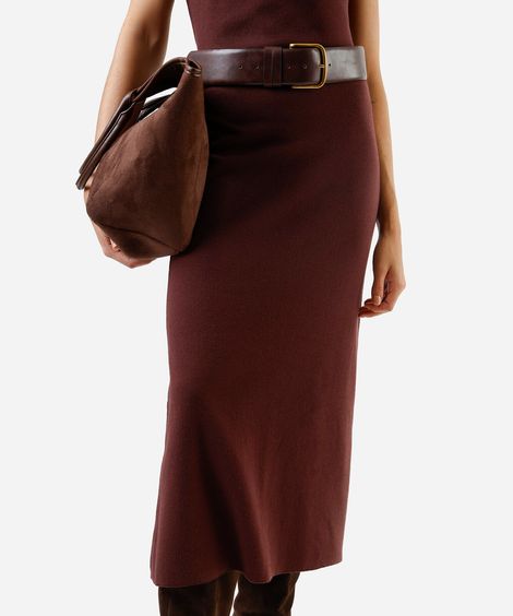 saia midi de tricot canelada marrom