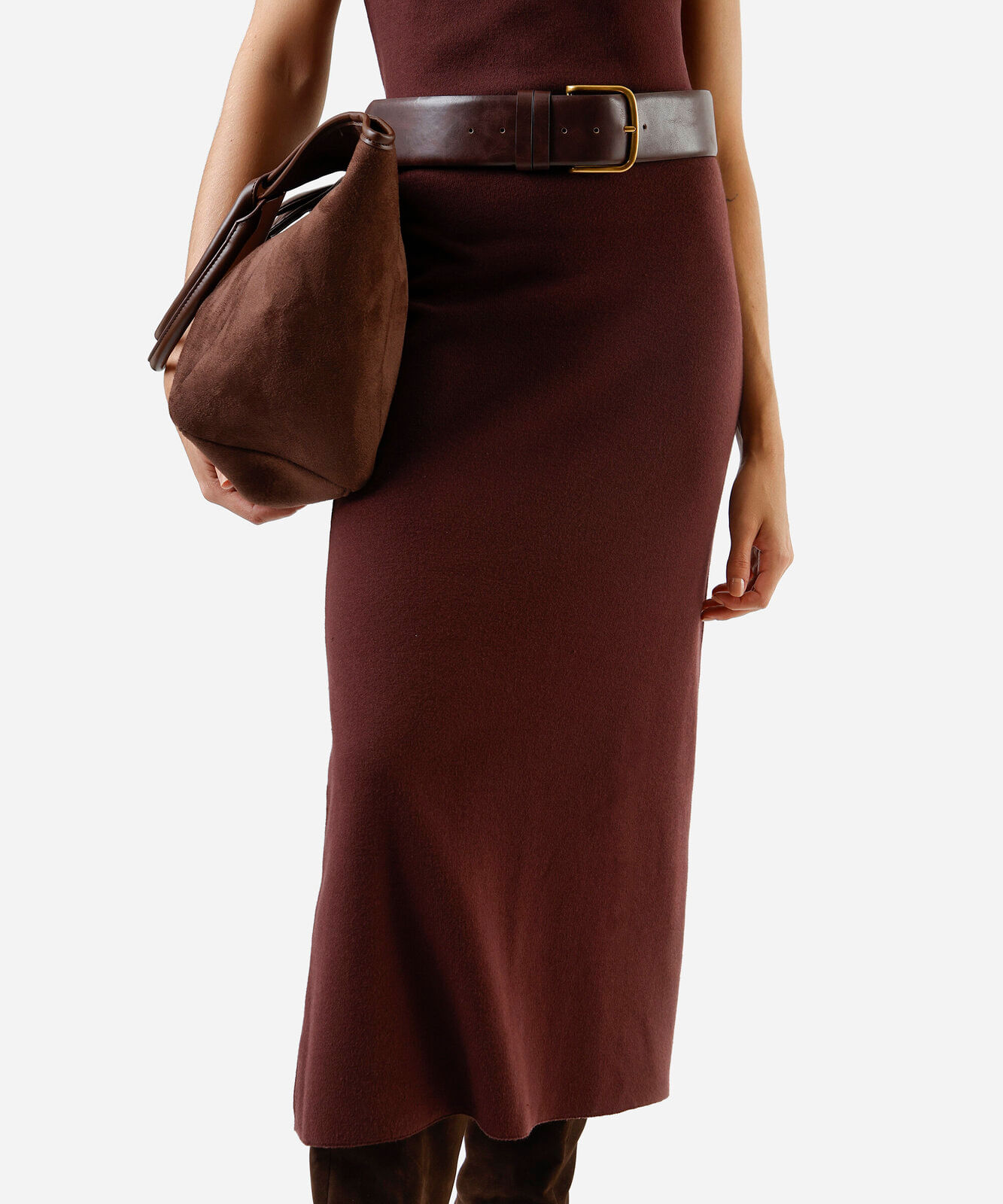 saia midi de tricot canelada marrom