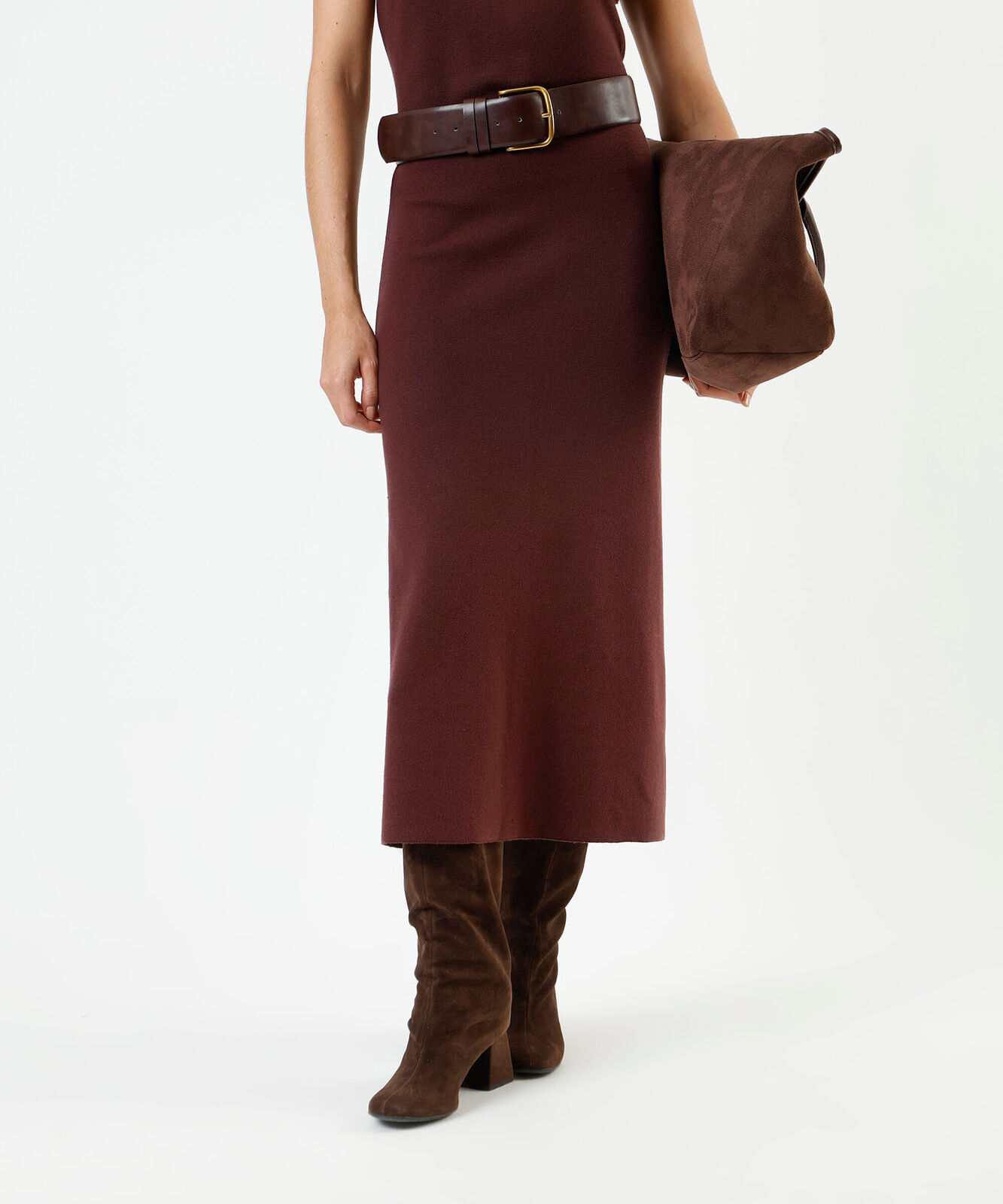 saia midi de tricot canelada marrom