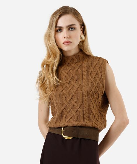 colete feminino de tricot gola alta texturizado marrom