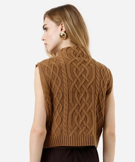 colete feminino de tricot gola alta texturizado marrom