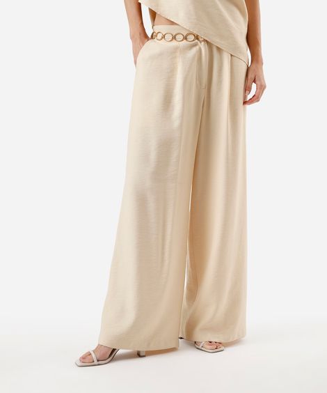 calça wide leg feminina de viscose texturizada amarela