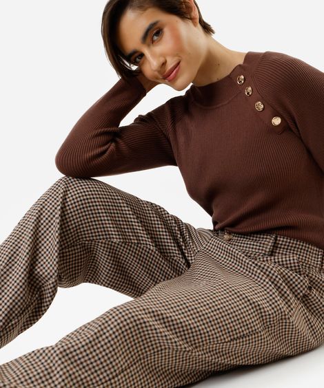 calça de alfaiataria feminina com pregas xadrez marrom