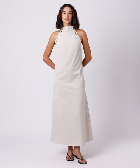 vestido midi frente única feminino com tachas mindset bege