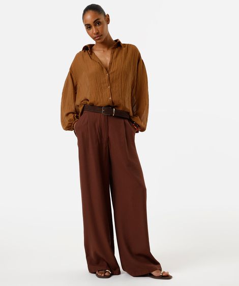 calça wide leg feminina de viscose texturizada marrom