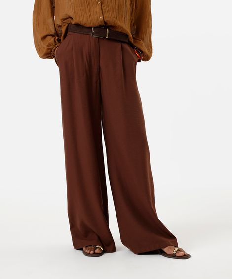 calça wide leg feminina de viscose texturizada marrom