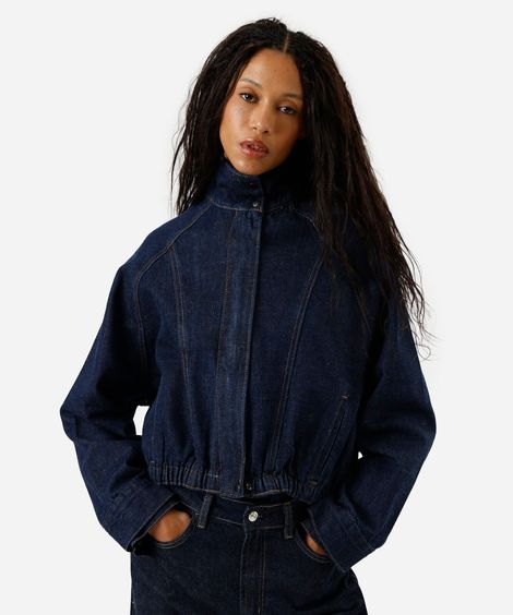 jaqueta feminina jeans gola alta azul