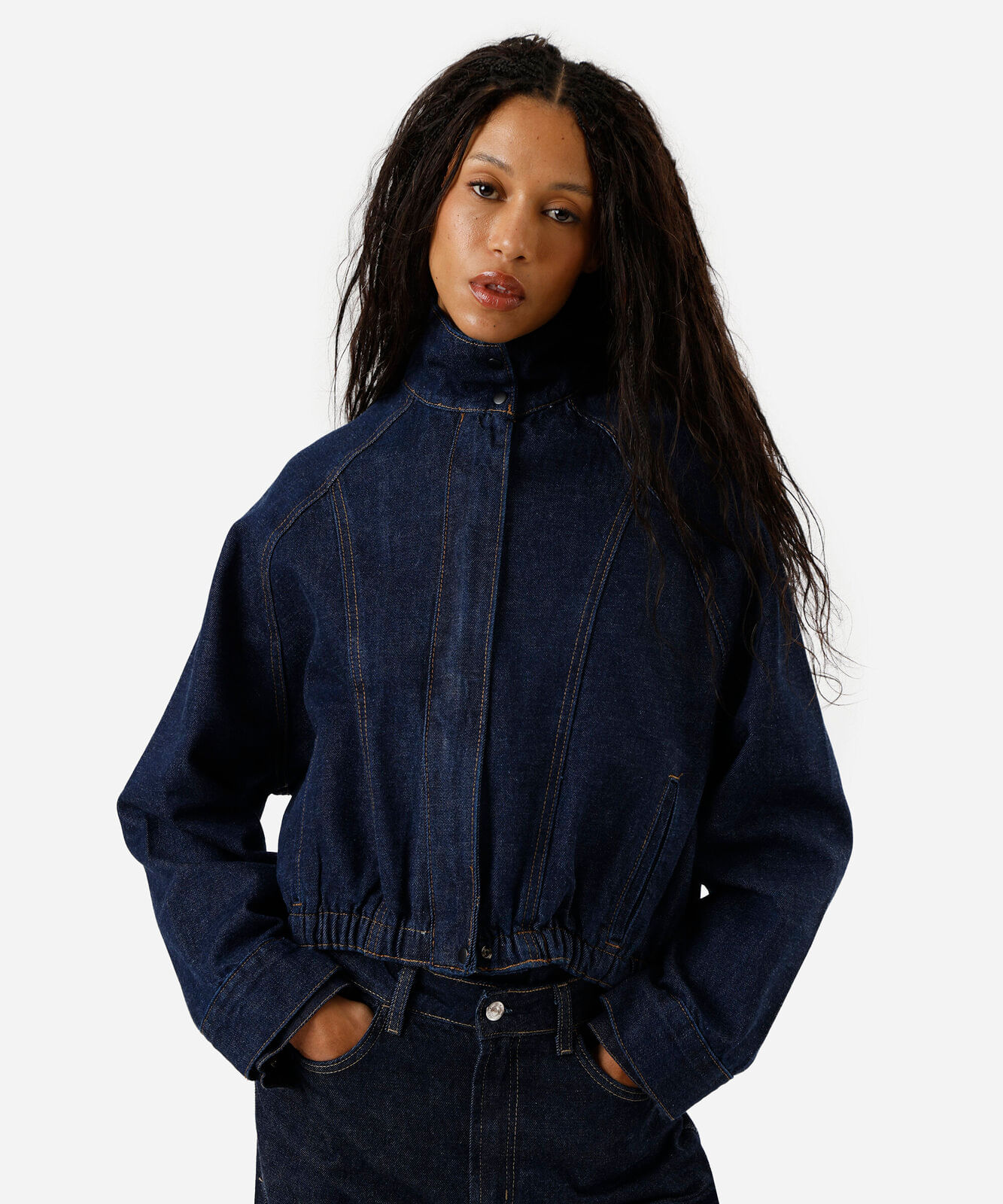 jaqueta feminina jeans gola alta azul