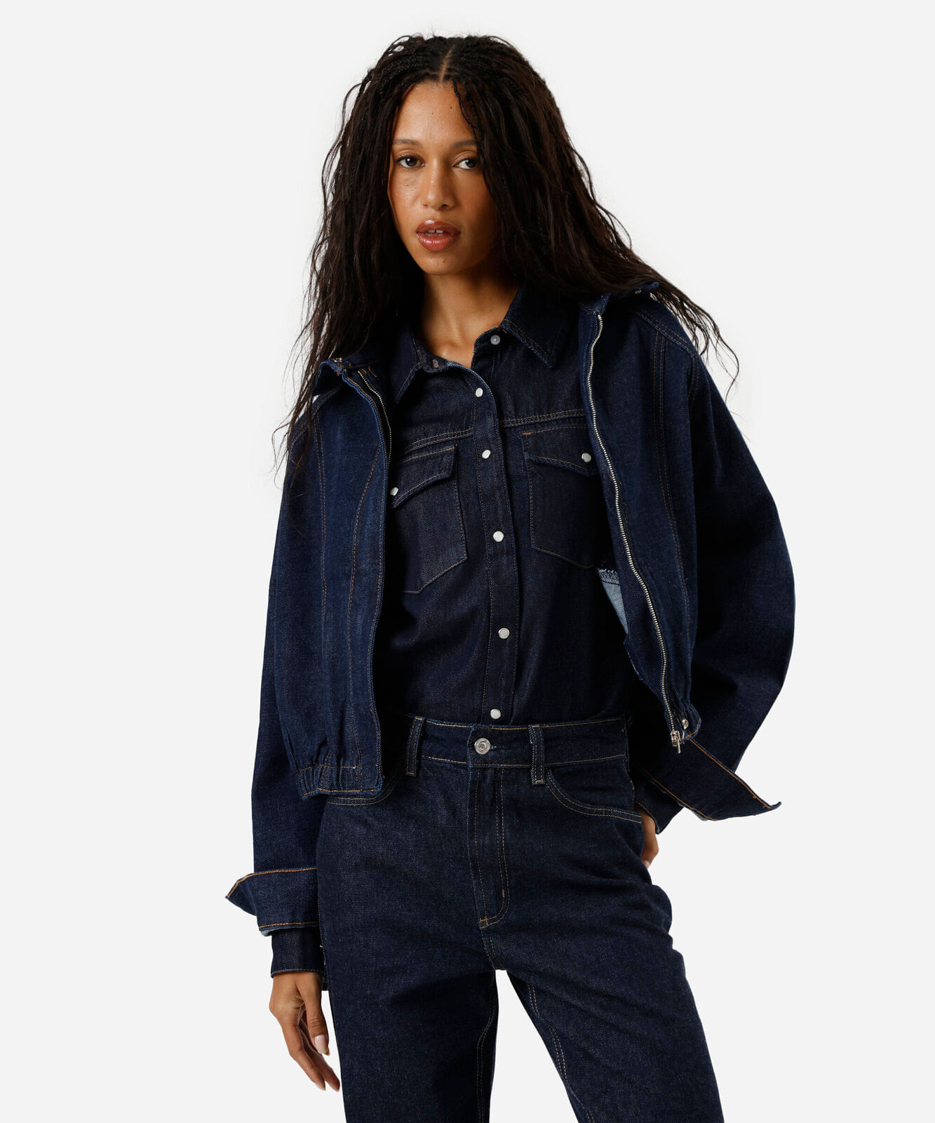 jaqueta feminina jeans gola alta azul