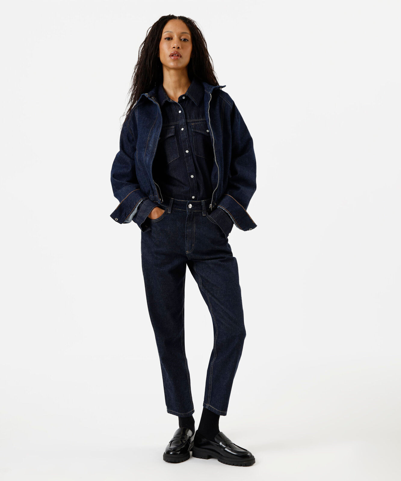 jaqueta feminina jeans gola alta azul