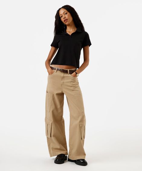 calça skater cargo feminina de sarja cintura média bege
