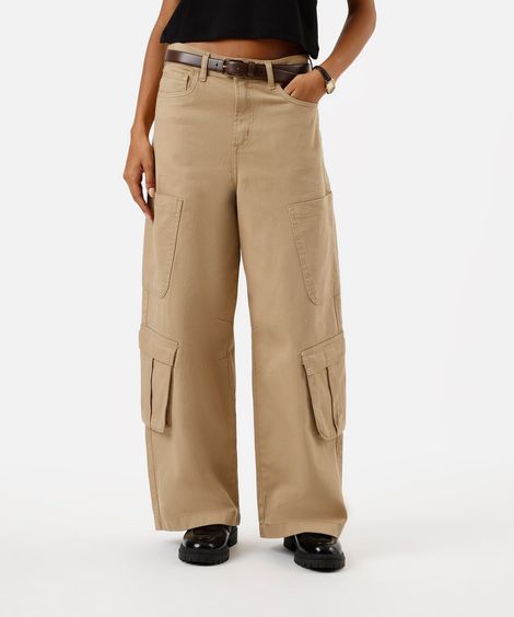 calça skater cargo feminina de sarja cintura média bege