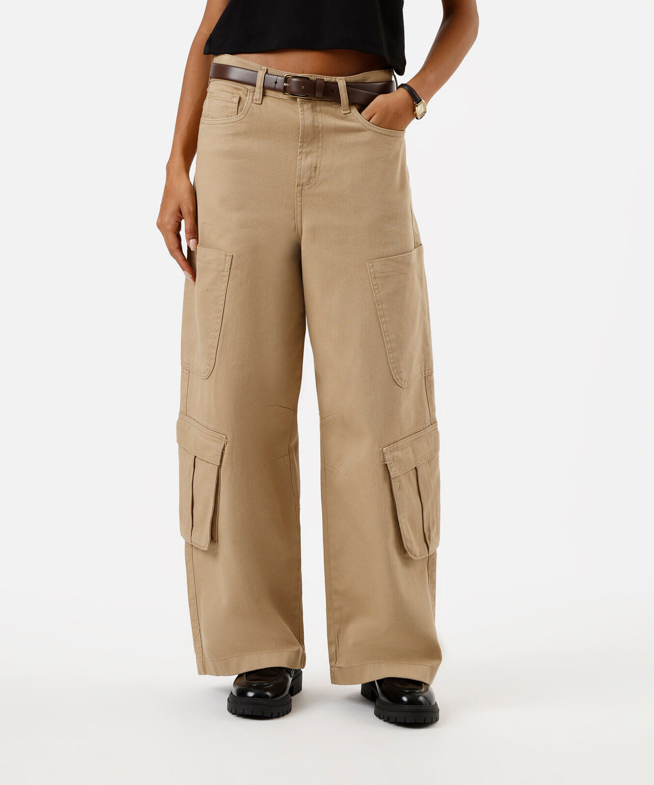 calça skater cargo feminina de sarja cintura média bege