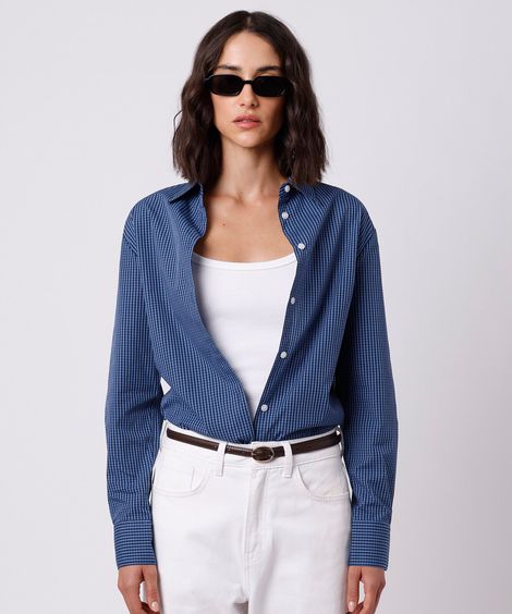 camisa oversized feminina de algodão manga longa xadrez mindset azul