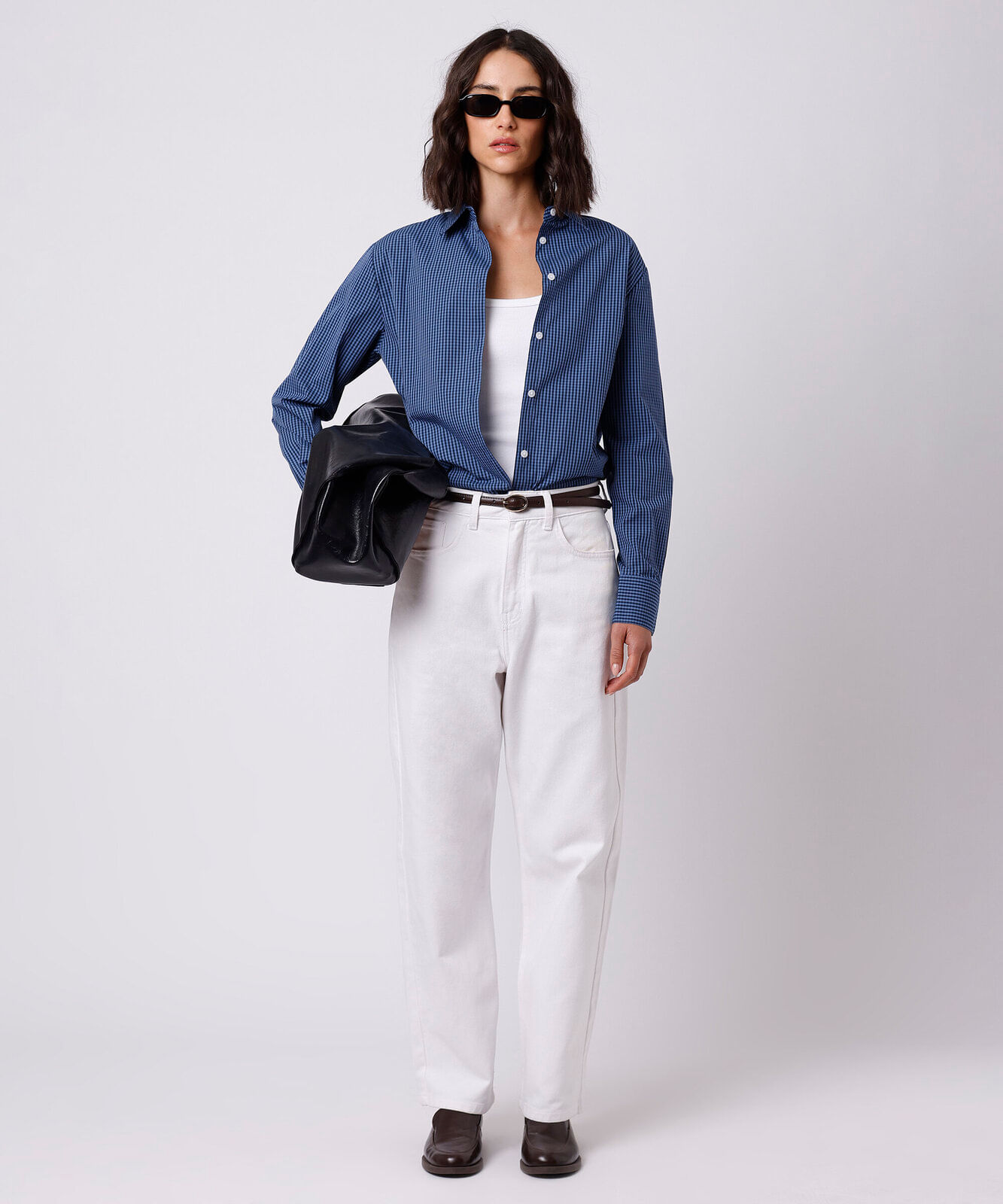camisa oversized feminina de algodão manga longa xadrez mindset azul