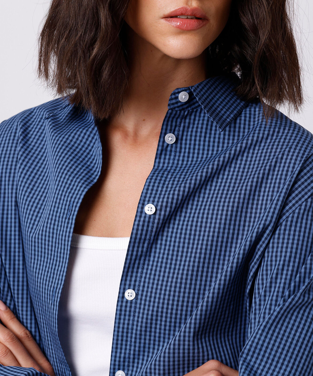 camisa oversized feminina de algodão manga longa xadrez mindset azul