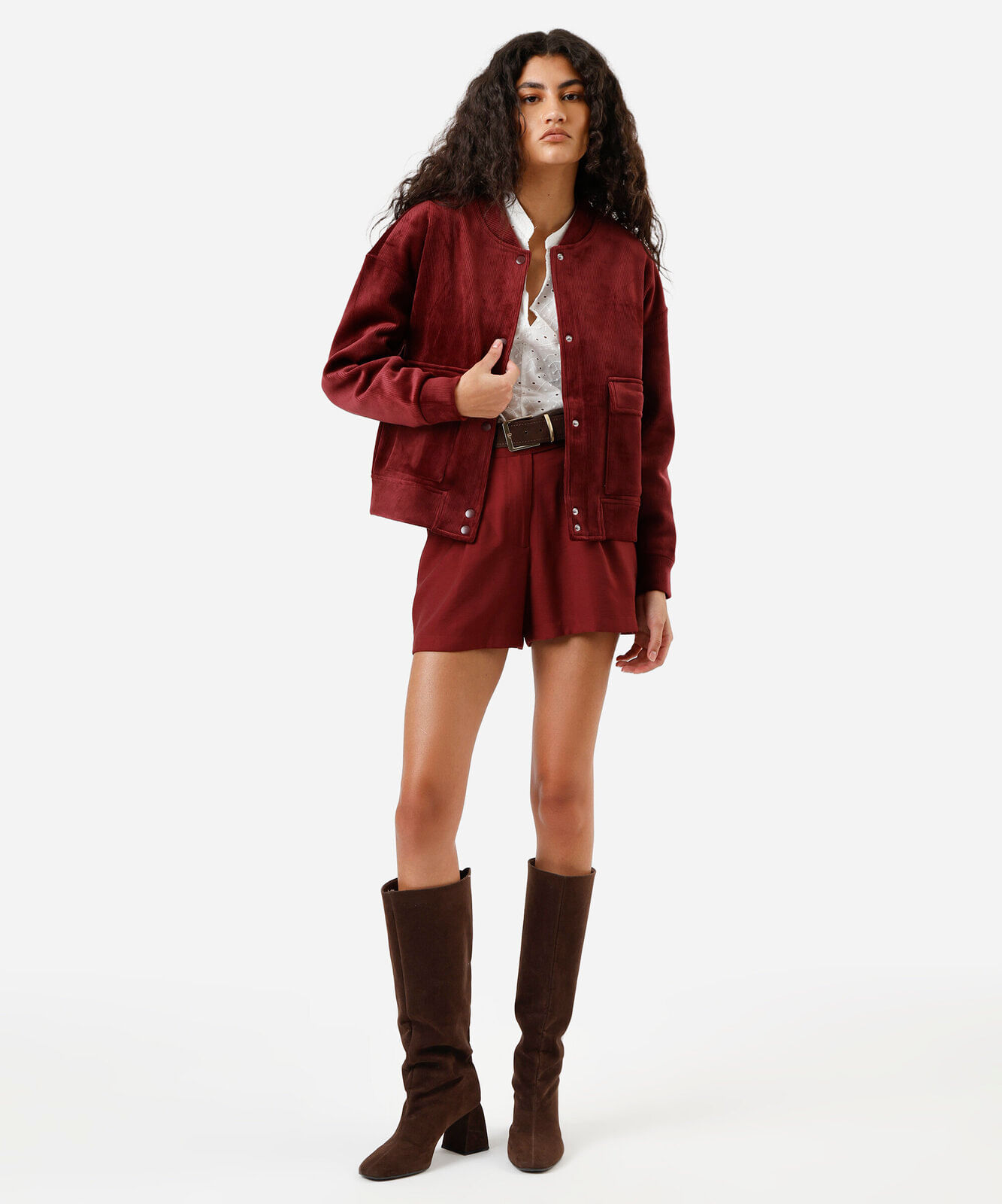 jaqueta bomber feminina de veludo cotelê com bolsos vinho