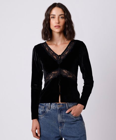blusa feminina de veludo com renda e recortes mindset preta
