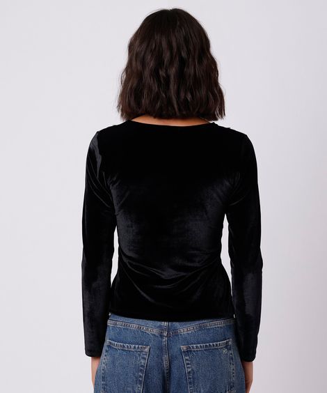 blusa feminina de veludo com renda e recortes mindset preta
