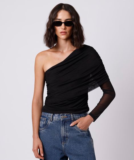 blusa ombro único feminina de tule franzida mindset preta