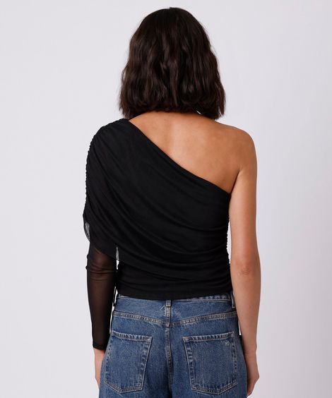 blusa ombro único feminina de tule franzida mindset preta