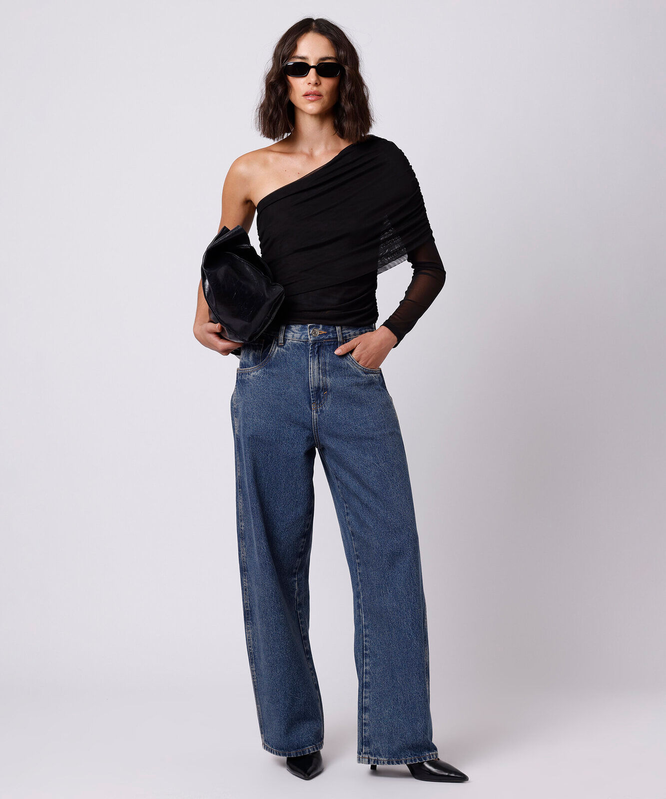 blusa ombro único feminina de tule franzida mindset preta