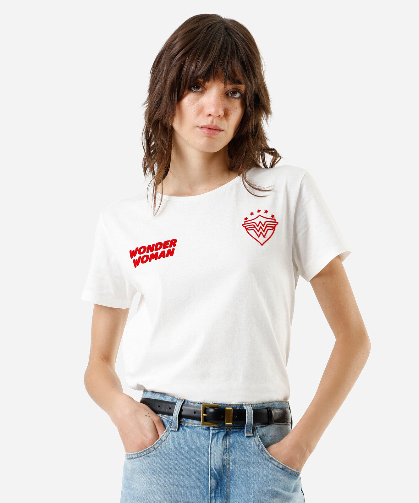 camiseta feminina de algodão mulher maravilha off white