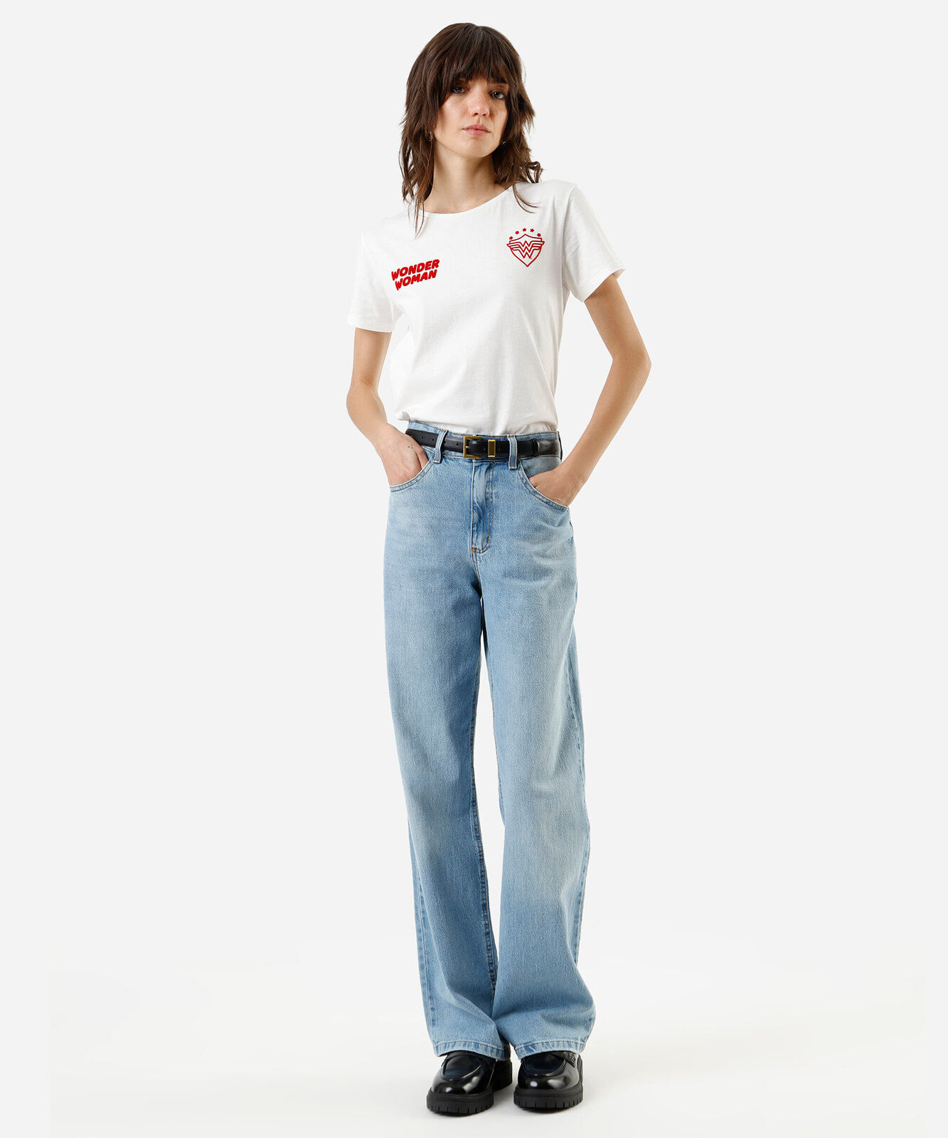 camiseta feminina de algodão mulher maravilha off white