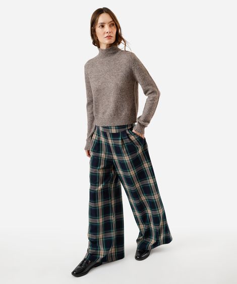 calça reta feminina com pregas xadrez azul