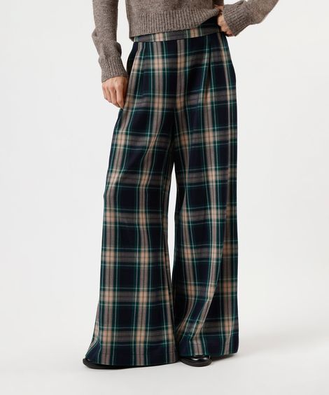 calça reta feminina com pregas xadrez azul