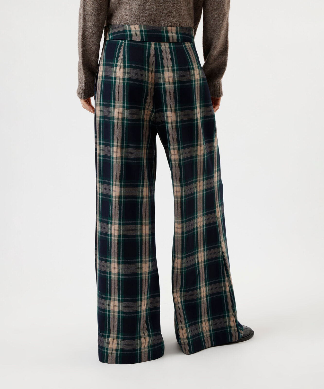 calça reta feminina com pregas xadrez azul