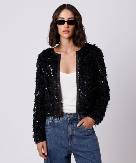casaco cropped feminino de tricot com paetê texturizado preto