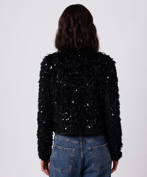 casaco cropped feminino de tricot com paetê texturizado preto