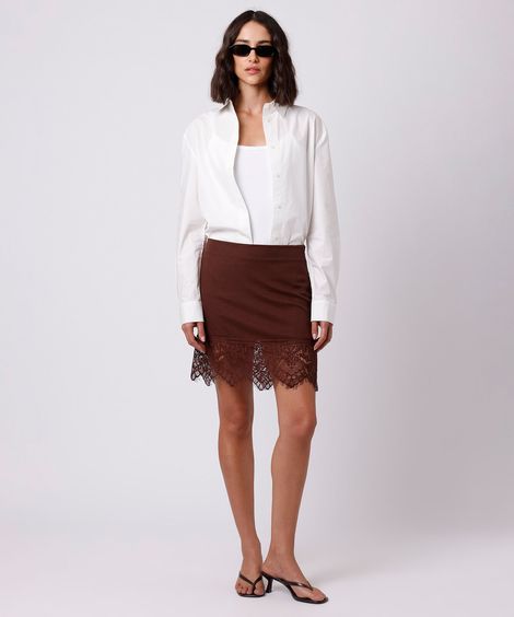 saia curta feminina com linho e renda mindset marrom