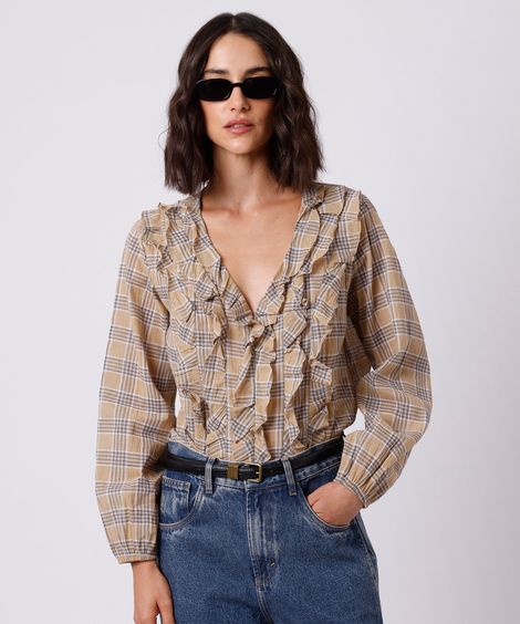 blusa feminina com algodão e babados xadrez mindset amarela