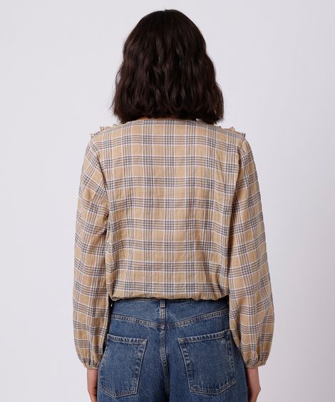 blusa feminina com algodão e babados xadrez mindset amarela