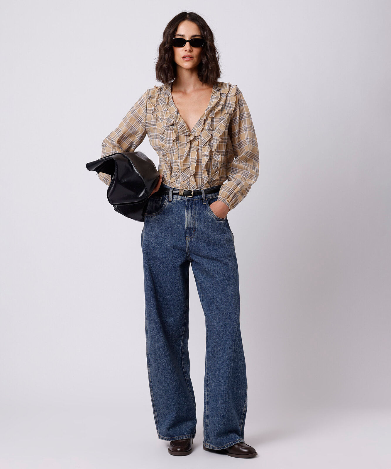 blusa feminina com algodão e babados xadrez mindset amarela