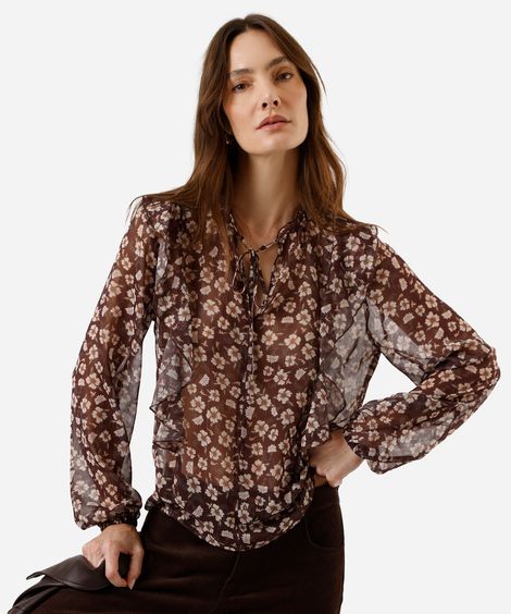 bata feminina com babados floral marrom