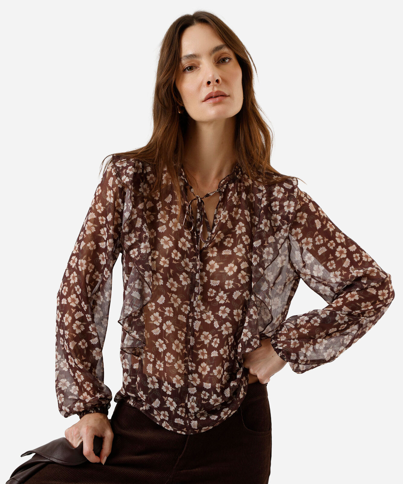bata feminina com babados floral marrom