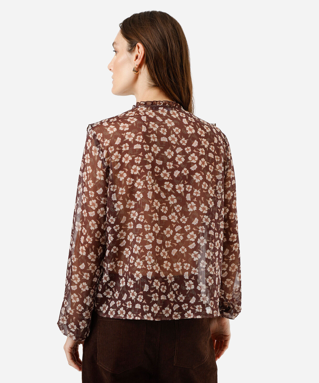 bata feminina com babados floral marrom